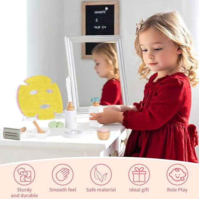 Wooden Makeup Toy Set,Pretend Beauty Play Toys,Skin Care Learning Preschool Toys for Toddler, Salon Toys Beauty Fake Makeup Kit with Facial Mask for Girls 3 4 5 6 7+ Year Old Girls.