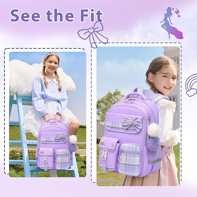 School Backpack for Girls Kids Bookbag for Elementary Middle School Casual Travel Daypack Teen Backpacks Purple