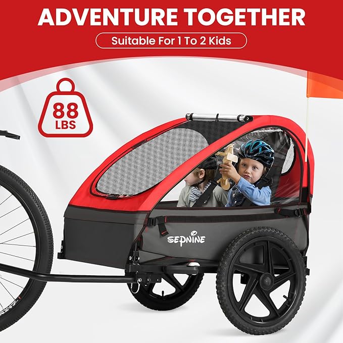 Sepnine Kids Bike Trailer, Suitable for 1 to 2 Kids, 12+ Months, Quick Attach to Bike, Foldable, with 5-Point Harness and Storage Bags