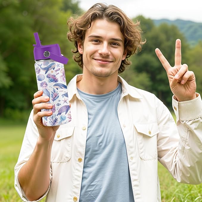 Ocean Gifts for Kids - 16 Oz Purple Water Bottle with Straw Lid, Stainless Steel Insulated Tumbler, Leak Proof, BPA-Free, for Girls & Boys, School, Beach - Marine Life Lovers Birthday Gifts (1pc)