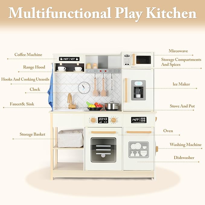 Freniland Wooden Play Kitchen, Kids Kitchen Playset with Real Light & Sound, Realistic Ice Maker,Stove Oven Chef Pretend Toy Kitchen Include 31 Accessories, Gift for Child Ages 3+ Toy Furniture