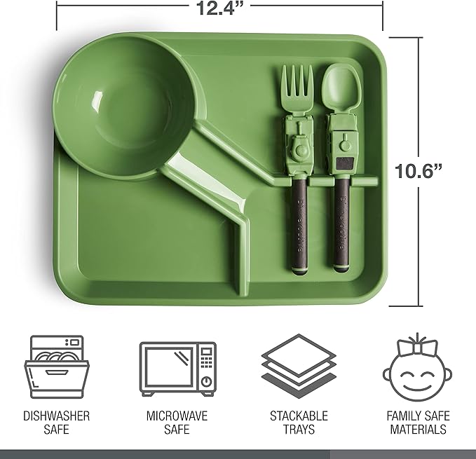Dinneractive Dining Set For Kids - 3PC Green Army Dinnerware - Army Truck Tank Utensils - Toddler Plates - Baby Dishes
