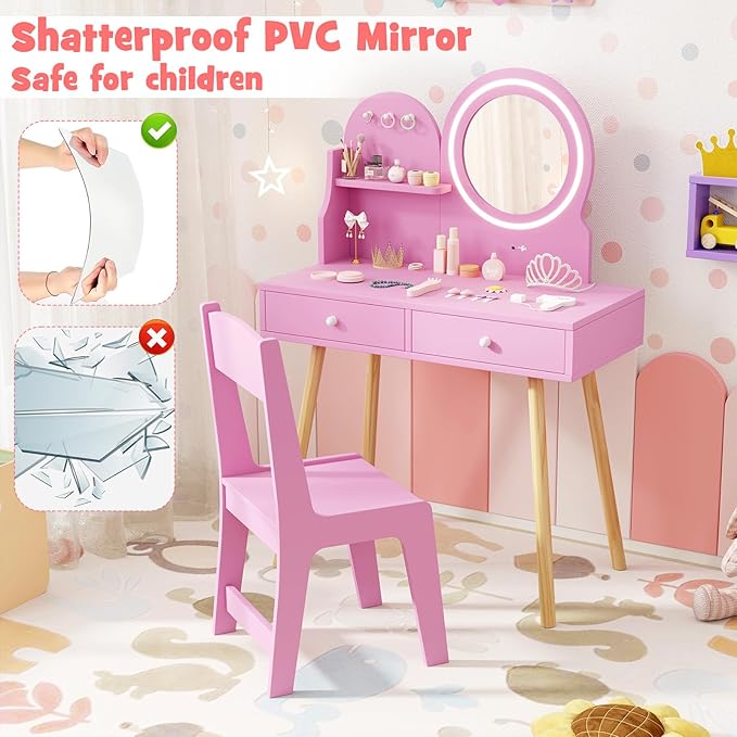 HONEY JOY Kids Vanity, Little Girls Vanity Set with Mirror and Stool and Lights, Drawers, Toddler Makeup Vanity Dressing Table, Wooden Pretend Play Kids Vanity Table and Chair Set (Pink)
