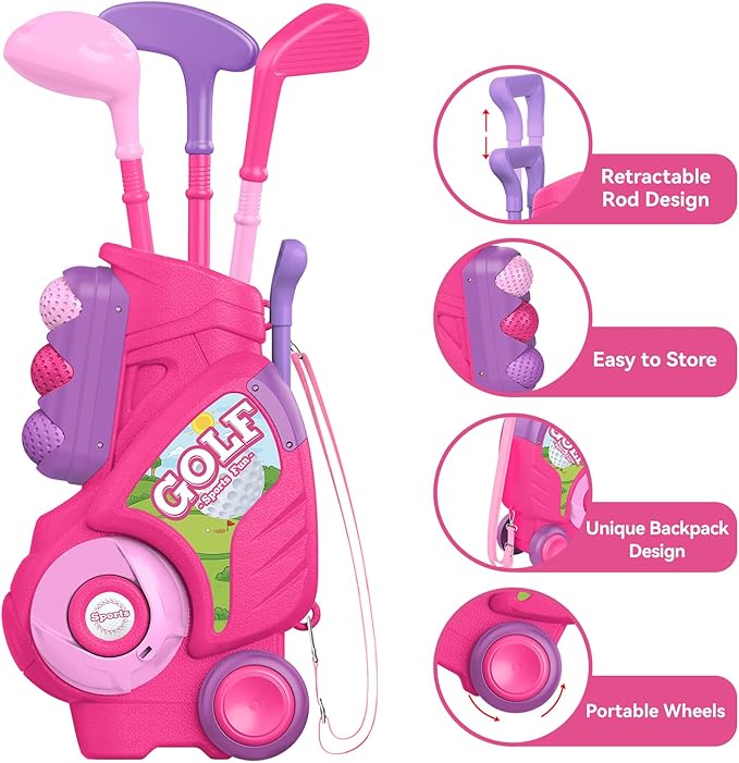 Liberry Toddler Golf Set for 2 3 4 Years Old Girls Boys, Upgraded Kids Golf Cart with Golf Cornhole Board & Putting Mat, Indoor and Outdoor Golf Toys Birthday Gift, Pink