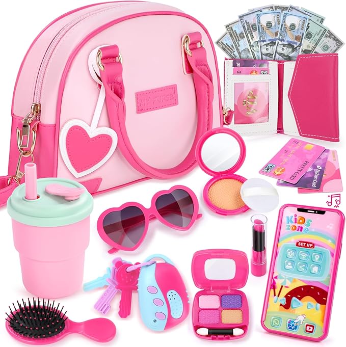 INNOCHEER Little Girls Purse, Kids Toy Purse with Pretend Makeup, Play Purse for Little Girls, Pretend Play Toddler Purse, Birthday Christmas Princess Gifts Toys for Girls 3 4 5 6 7 8 Year Old