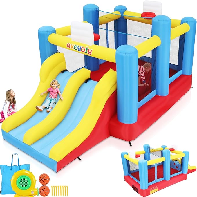 Big Bounce House for Kids 8-12 Girls/Boys Gifts, 15ft Ball Game Inflatables Bouncy House with Double Slide 3-12 Bouncy Castle with Blower, Jump House with Slide, Double Basketball Hoop