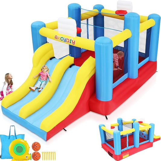 Big Bounce House for Kids 8-12 Girls/Boys Gifts, 15ft Ball Game Inflatables Bouncy House with Double Slide 3-12 Bouncy Castle with Blower, Jump House with Slide, Double Basketball Hoop