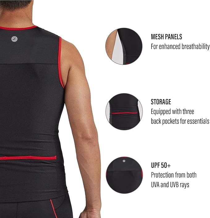 Zoot Men’s Core Tri Tank, Performance Triathlon Race Tank Top, UPF 50+ Fabric, Rear Pockets, Mesh Panels, & Cam Lock Zipper