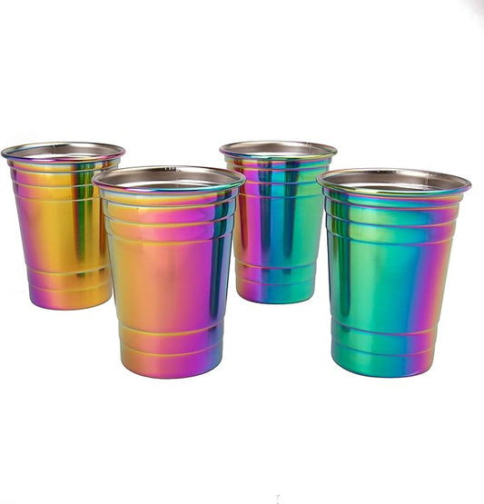 D'Eco Rainbow Stainless Steel Cups - 4 Pack Iridescent 16 oz Tumblers for Kids, Family, Adults - Unbreakable, BPA-Free & Stackable Drinkware for Indoor and Outdoor Use at Parties, Picnics, Camping