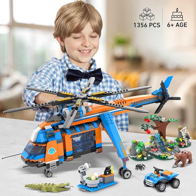 City Jungle Adventurer Helicopter Building Toys - 1356PCS Forest Truck Adventure Building Set with Car Crocodile Brown Bear Wildlife Rescue Blocks Playset Gift for Adults Kids Boys 6+ Years