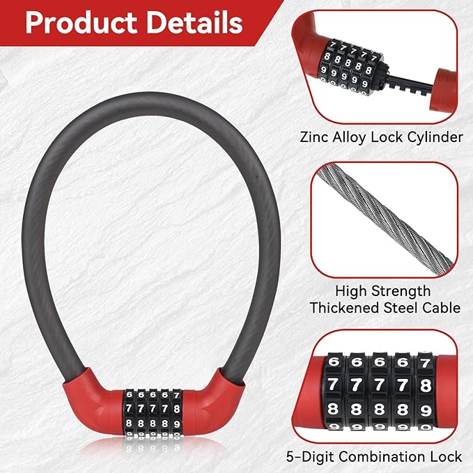 5 Digit Combination Bike Cable Lock, Lightweight Bicycle Lock Anti Theft Resettable Combination Portable Bicycle Cable Locks for Bike, 22inch, Red