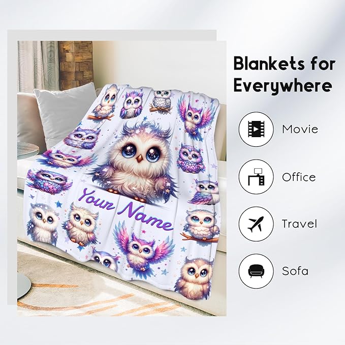 Toddlers Blanket Gifts, Girls Owl Blankets, Personalized Cute Owl Gifts for Women Adults, Custom Soft Fleece Kids Throw for Couch Sofa Bed, 60"x80"