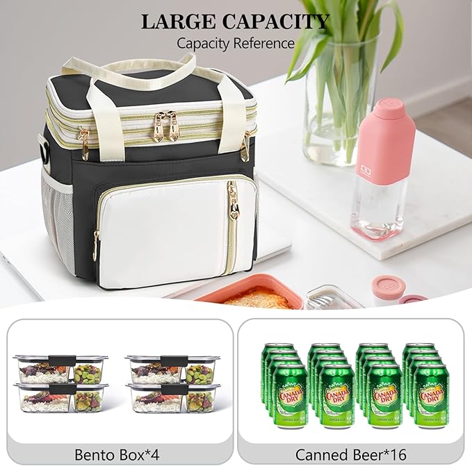 LOKASS Lunch Bag& Lunch Box for Men Women Double Deck,Large Insulated Adult Lunch Box Leakproof Lunchbox Cooler Bag for Work Picnic Beach,（Black&White）