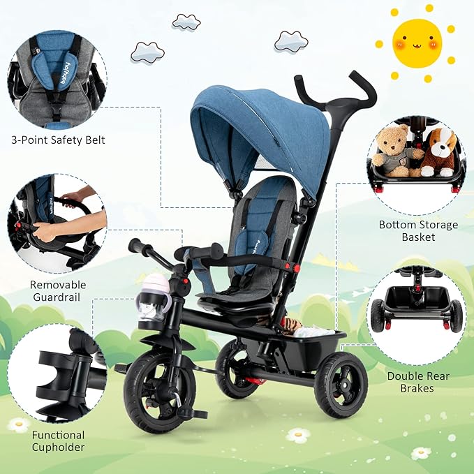 BABY JOY Tricycle, 5 in 1 Toddler Bike W/Removable Push Handle, Reversible Seat, EVA Wheel, Adjustable Canopy, Cup Holder & Storage, Ideal for Kids 1.5-5 Years Old, Tricycle for Toddler (Blue)