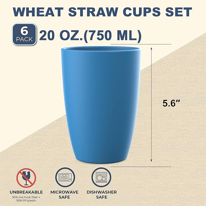 unbreakable wheat straw cups 20oz set of 6 with textured pattern anti slipping,big plastic drinkings cups microwave safe and dishwahser safe. Yellow-Orange-Blue