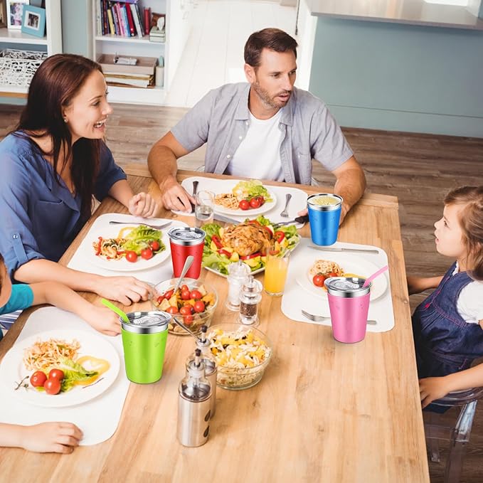 ShineMe Toddler Cups 6 pack, 12oz Stainless Steel Kids Cups Spill Proof, Unbreakable Toddler Sippy Cup With Soft Straws/Airtight Sliding Lids/Colorful Cute Silicone Sleeves, Indoor and Outdoot Use