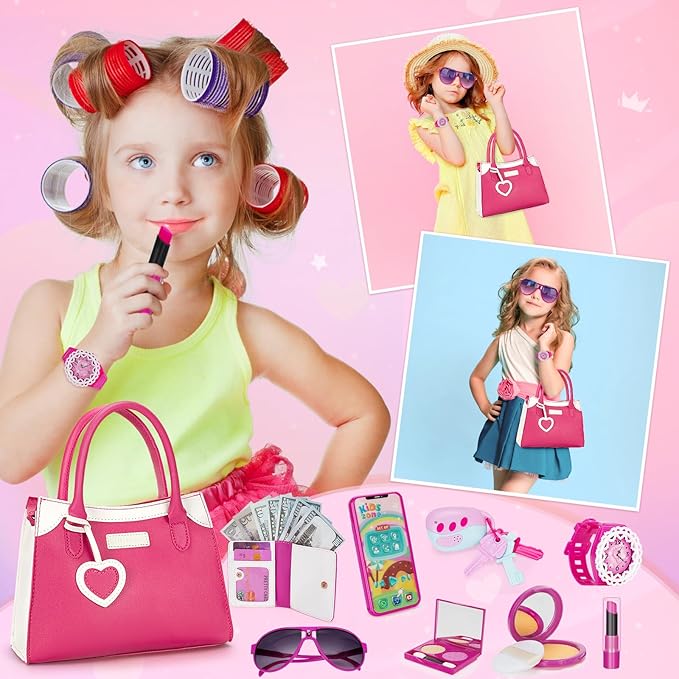 Officygnet Play Purse for Little Girl, Pretend Princess Play Girls Toys for 3 4 5 6 7 8 Year Old, Toddler Purse with Accessories, Kids Toy Purse Birthday for Girls Ages 3-5 4-5 6-8