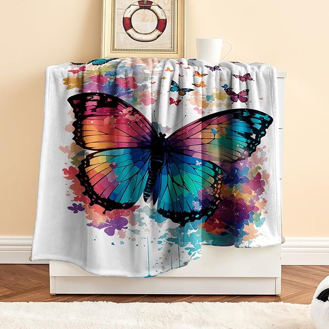 Wajade Kids Butterfly Blanket - Soft Fleece Butterfly Throw for Girls, White, 60"x80"