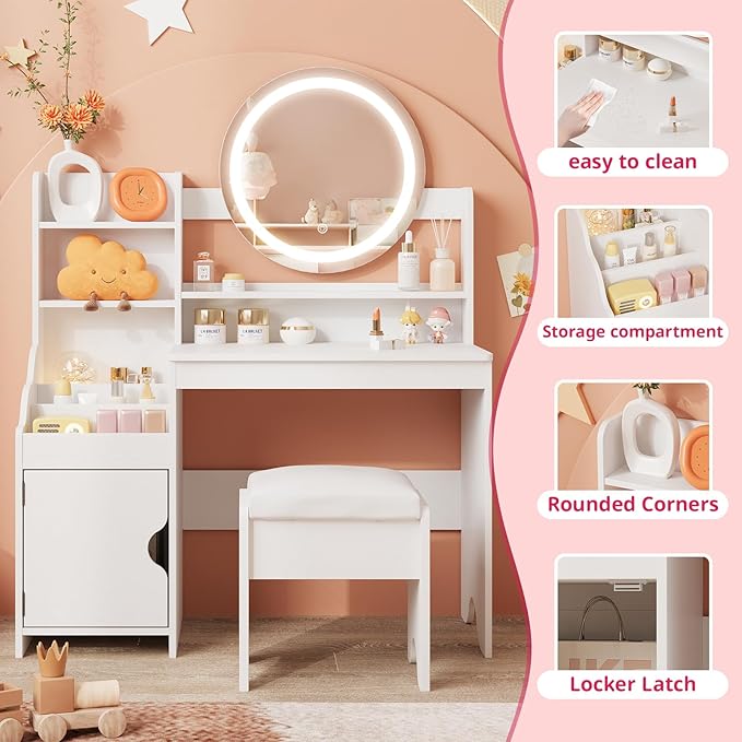 Vabches Kids Vanity with Lights, Princess Makeup Vanity Desk with Open Bookshelf, Storage Cabinet & Shelves, Toddler Vanity Table and Chair Set, Pretend Play Vanity Set for Little Girls, White