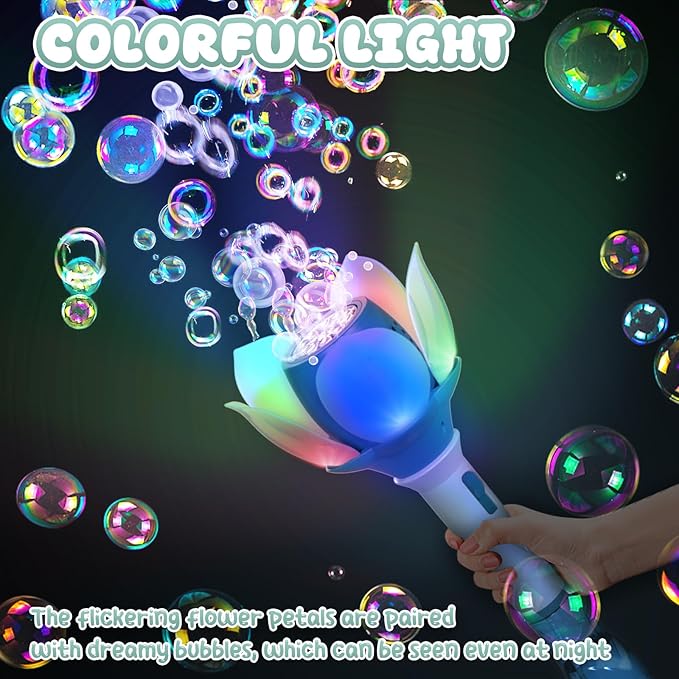 PANACARE Bubble Wand Blower for Kids Handheld Lotus Bubble Wand Automatic Bubble Machine with Battery/Light/10000+Bubbles/Bubble Solution Bubble Toy Gift for Girl Boys Party Weddings Outdoor Indoor