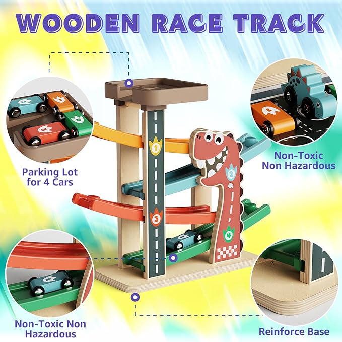 Montessori Toys for 1 Year Old, Car Ramp Track Toy for Toddlers 1-3, Wooden Toy Race Track with 4 Mini Cars, 2 Dinosaur Cars, 4 Ramps, Gift for Boys Girls Christmas Birthday