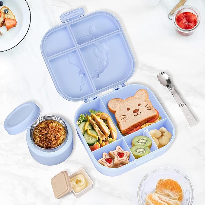Kids Lunch Box Set -12oz Insulated Food Jar, Thermal Bag,Leakproof Lunch Food Containers Cutlery (BPA Free)-Gift for Girls/Boys Age 3-10 (Blue+Blue Jar)