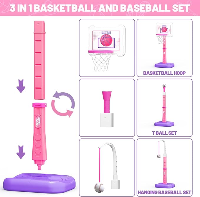 3 in 1 Kids Basketball Hoop and T Ball Set, Adjustable Height Toddler Basketball Hoop, Hanging Tee Baseball, Indoor Outdoor Sports Toys Gifts for Toddlers Boys Girls Ages 3 4 5 Year（Pink