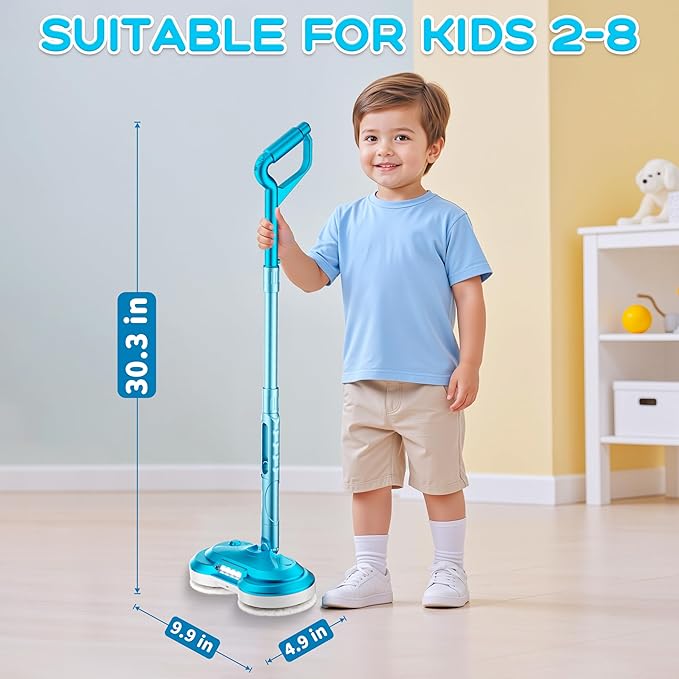 Kids Electric Spin Mop Toy, Rechargeable Cordless Electric Mop W/LED Headlight & Water Sprayer for Children Ages 3 4 5 6+ Boys & Girls, Cleaning Toy for Pretend Play (Light Blue)