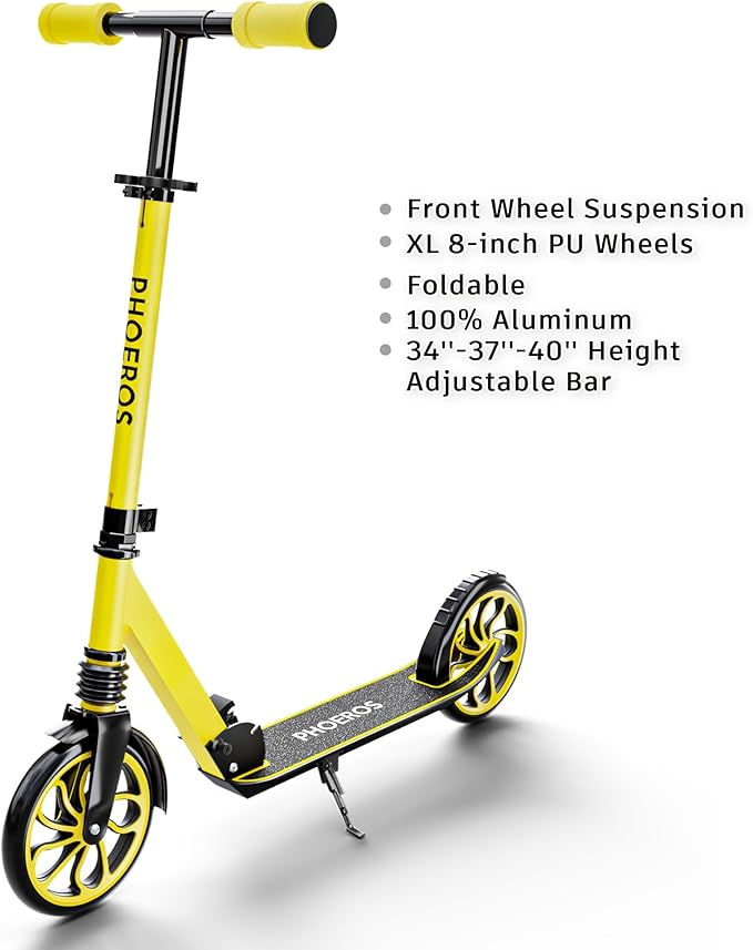 PHOEROS Kick Scooter for Kids Ages 6-12,Teens & Adults, Youth. Lightweight Aluminum Kick Scooter for Teens Adults Boys Girls with 8 inch Big Wheels, Foldable, 3 Height Adjustable, Shock Absorption.