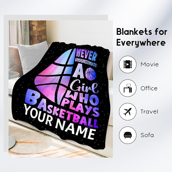 Personalized Basketball Blanket for Girls, Custom Basketball Gifts with Name for Girls, Sport Throw Blankets for Team, Kids Throws for Couch Bed (50x60 Inch)