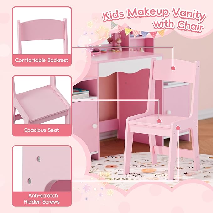 MU Kids Vanity, Girl Vanity Set with Mirror and Stool, 2 in 1 Toddler Makeup Vanity Table with Jewelry Storage, Wooden Princess Makeup Desk Dressing Table for Little Girls, (Pink)