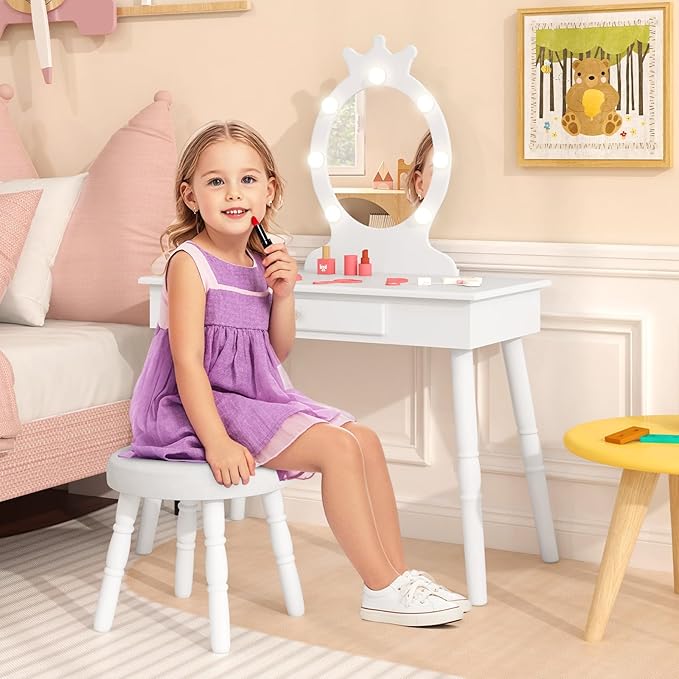 HONEY JOY Kids Vanity with Lights, Princess Wooden Makeup Table & Stool with Drawer, 3-Color LED Lights, Toddler Dressing Vanity for Little Girls, Pretend Play Kids Vanity Table and Chair Set (White)