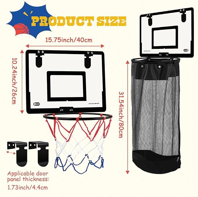 2-in-1 Over the Door Basketball Laundry Hamper and Basketball Hoop, Durable Hanging Sports Laundry/Clothes Basket with Hoop and a Bottom Zipper for Kids Teen Bedrooms, Dorm Rooms, Bathroom