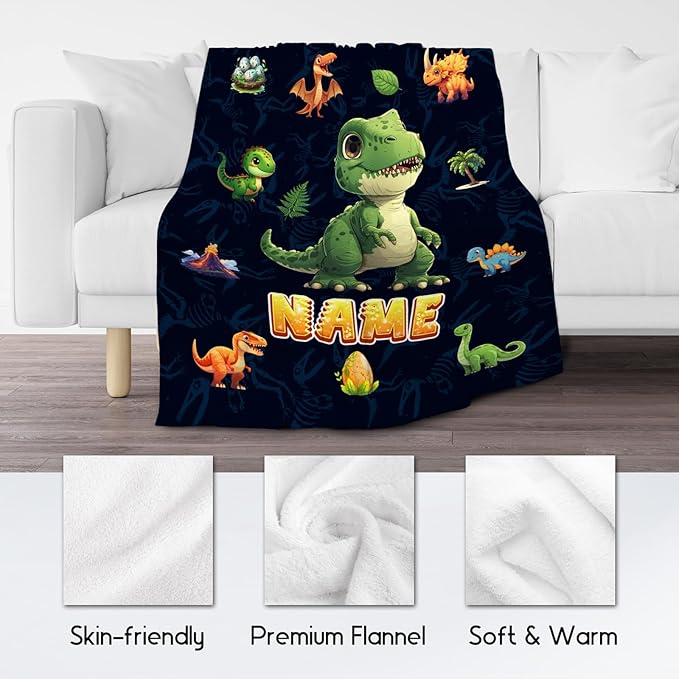 Dinosaur Blanket for Kids - Personalized Blankets Gifts for Boys Toddler - Cozy Lightweight Throw for Sofa Bedroom Decor, 4 Size