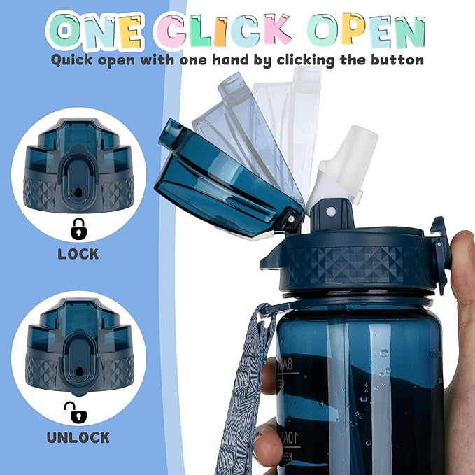OLDLEY 17oz Kids Water Bottle for school Girls Boys, Motivational Water Bottles With Silicone Straw, Leak-Proof Tritan BPA-Free, Reusable water bottles for kids, Slate Blue