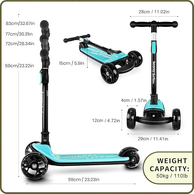 Besrey Kick Scooter for Kids Ages 3-10, 3-Wheel Folding Scooter with Adjustable Height, LED Light Wheels, Extra Wide Deck for Outdoor Activities
