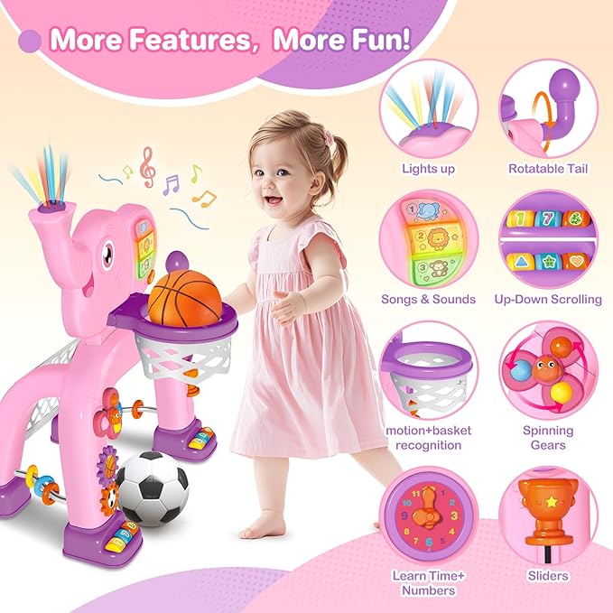 SpringFlower Toddler Basketball Hoop & Soccer Goal Activity Center Toys with Light & Music,Elephant Toddlers Musical Toys Gift, Baby & Toddlers Christmas Birthday Gift for 1 2 3 Year Old Girls & Boys