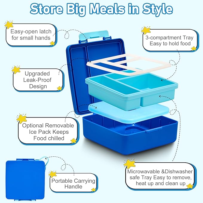 Bento Lunch Box for Kids with 17oz Soup Thermo,Insulated Tumbler Water Bottle and Insulated Lunch Bag,Leak-Proof 3 Compartment Lunch Food Container with Ice Pack for Kids to School-Blue