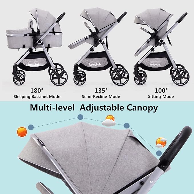 2-in-1 Baby Stroller - Folding Infant Newborn Pram Stroller with Reversible Seat - Toddler Strollers for 0-36 Months Old Babies (Grey)