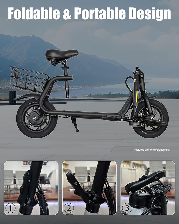 Electric Scooter with Seat & Basket, 350W Motor 12inch Tire Foldable E-Scooter Dual Disc Brakes 260LBS Max Load
