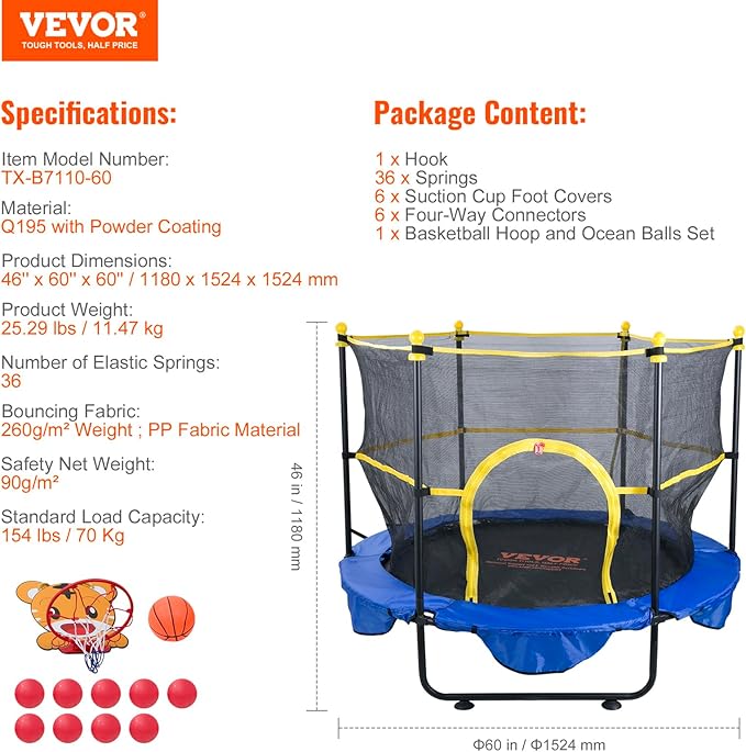 VEVOR 5FT Trampoline 50"/55"/56 * 35" for Indoor/Outdoor use for Toddlers, Foldable Mini Baby with Foam Handle, Recreational Birthday Gift