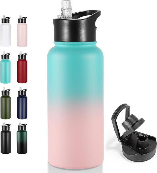 VEGOND 32 oz Insulated Water Bottle Stainless Steel Metal Water Bottles with Leak Proof Straw Lid & Spout Lid, Wide Mouth Double Walled Vacuum Travel Sports Bottle, Green Pink