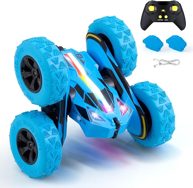 Threeking Remote Control Car RC Cars Toys for Boys Girls Ages 6-12, Upgraded USB-C Modular Batteries, 4WD Stunt Car with Breathing Soft Lights, Double-Sided Driving & 360° Flips, Presents Gifts, Blue