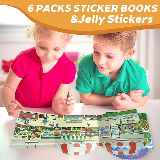 6 Sets Reusable Sticker Books for Toddlers 2-4 Years, Jelly Sticker Activity Books for Kids, Travel Toys for Toddlers Ages 2+ Girls & Boys