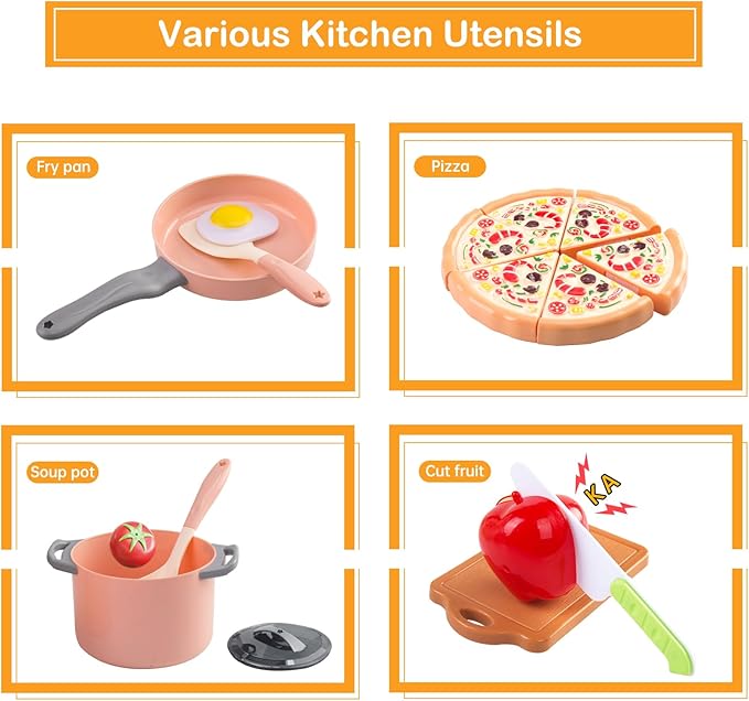 150Pcs Kitchen Playset, Toddlers Pretend Cooking Cookware Accessories, Food, Picnic Blanket, Fruits, Veges, 2Pack Shopping Storage Basket, Dessert and Prop Money, Gift for Kids (Pink)