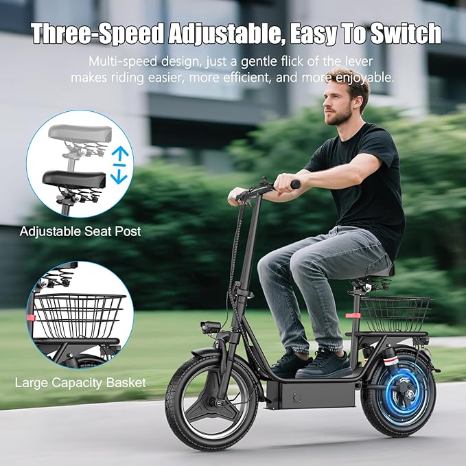 Electric Scooter Adults, 1000W Peak Motor, 35 Miles of Range Scooter with Seat, 28MPH Top Speed, Foldable Escooter with Rear Basket for Pets and Cargo, Dual Suspension for Commuting