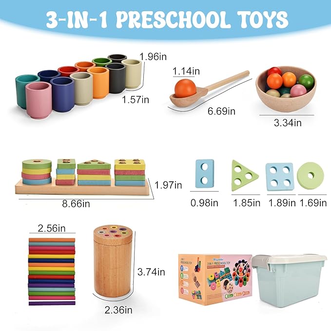 Montessori Toys for 1-3 Year,3 in 1 Wooden Learning Fine Motor Skills Toys Rainbow Color Sorting Toy for Toddlers - Preschool Color Matching, Educational Color Recognition ShapeSorter Boys Girls Gifts