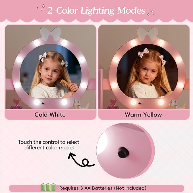 TOLEAD Kids Vanity, Girls Vanity Set with Mirror and Stool and Lights, Toddler Vanity Table and Chair Set with Jewelry Storage, Wooden Princess Makeup Desk Dressing Table for Little Girls (Pink)