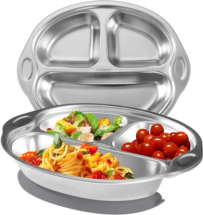 Stainless Steel Baby Suction Plates: Divided Plates for Babies and Toddlers, Made of 100% Food-Grade Materials Ideal for Baby-Led Weaning BPA-Free Toddler Feeding Dishwasher Safe Gray