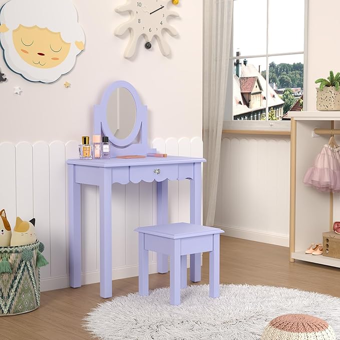 HLR Kids Vanity, Girls Vanity Set with Mirror and Stool, Wooden 2 in 1 Princess Makeup Desk Dressing Table with Detachable Top, Toddler Vanity Dresser Set with Drawer for Little Girls, Purple
